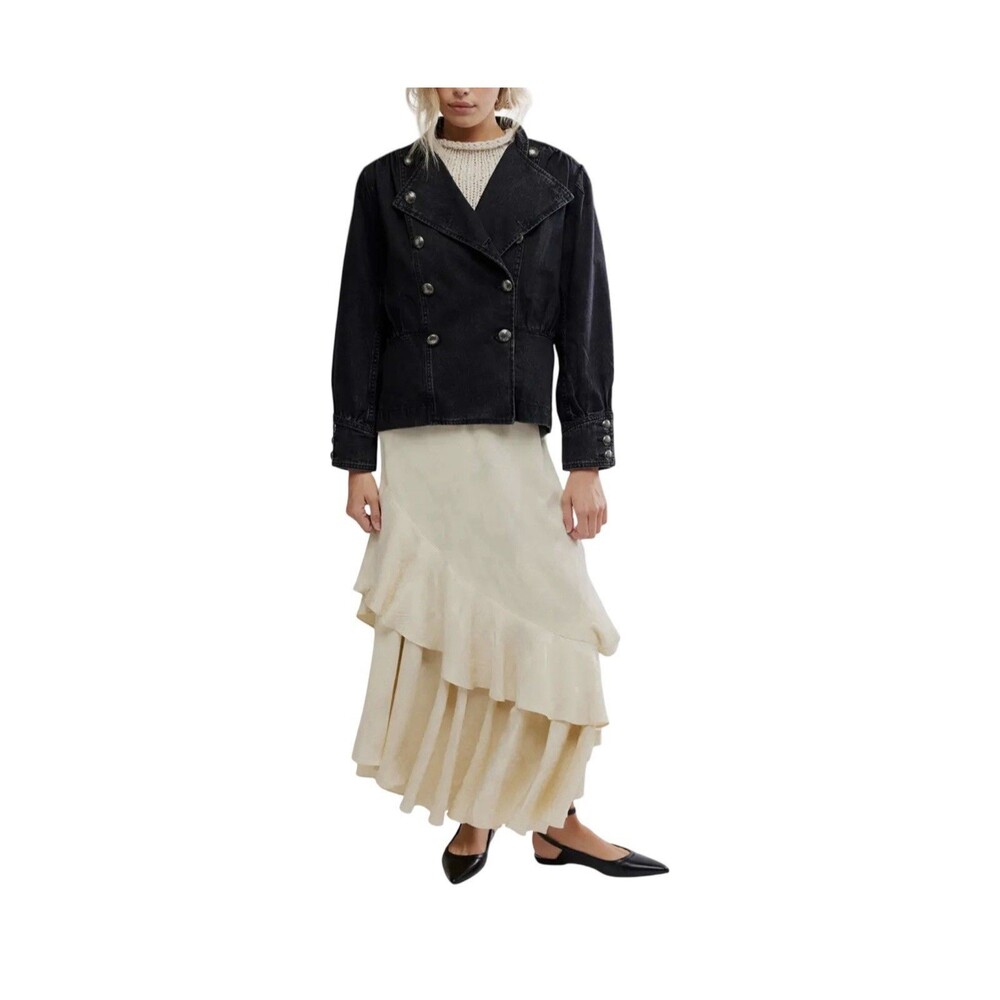 New Free People Imogene Black Denim Military Moto Jacket Large NWT $198 READ